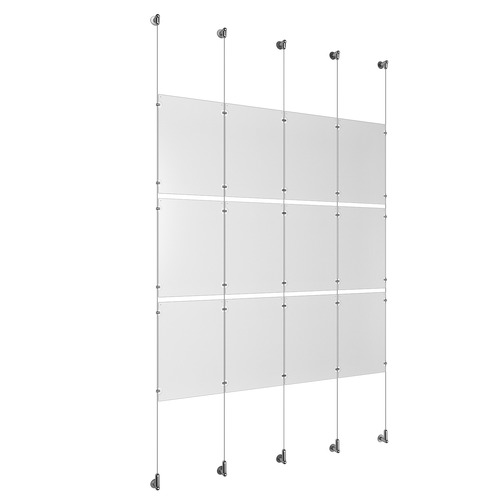 (12) 11'' Width x 17'' Height Clear Acrylic Frame & (5) Wall-to-Wall Aluminum Clear Anodized Cable Systems with (12) Single-Sided Panel Grippers (18) Double-Sided Panel Grippers