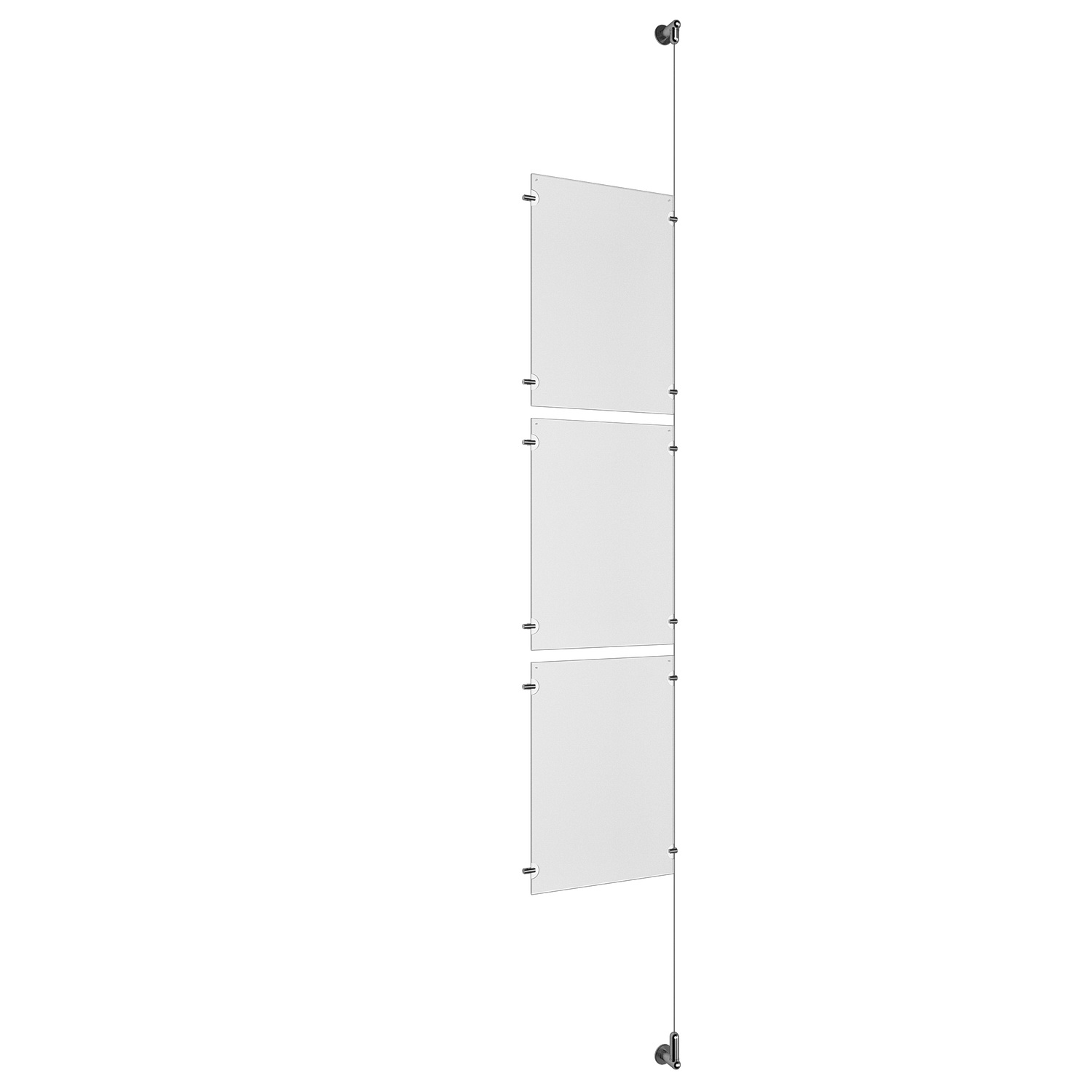 (3) 11'' Width x 17'' Height Clear Acrylic Frame & (1) Wall-to-Wall Aluminum Clear Anodized Cable Systems with (6) Single-Sided Panel Grippers (6) Double-Sided Panel Grippers