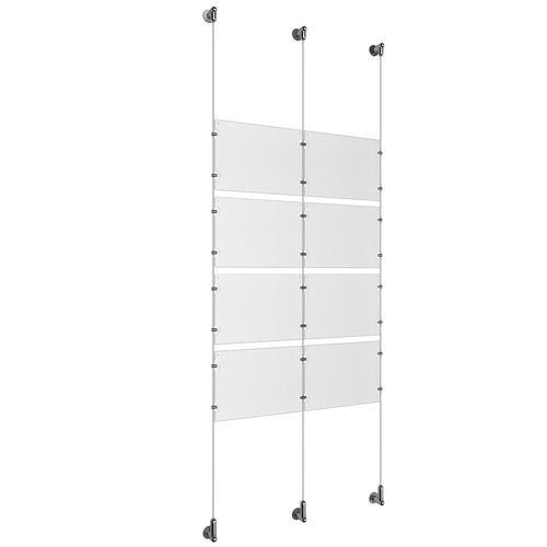 (8) 11'' Width x 8-1/2'' Height Clear Acrylic Frame & (3) Wall-to-Wall Aluminum Clear Anodized Cable Systems with (16) Single-Sided Panel Grippers (8) Double-Sided Panel Grippers