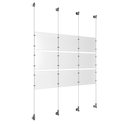(9) 11'' Width x 8-1/2'' Height Clear Acrylic Frame & (4) Wall-to-Wall Aluminum Clear Anodized Cable Systems with (12) Single-Sided Panel Grippers (12) Double-Sided Panel Grippers