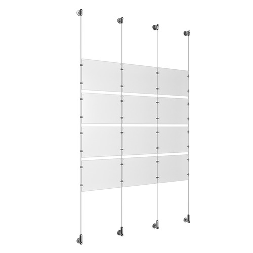 (12) 11'' Width x 8-1/2'' Height Clear Acrylic Frame & (4) Wall-to-Wall Aluminum Clear Anodized Cable Systems with (16) Single-Sided Panel Grippers (16) Double-Sided Panel Grippers