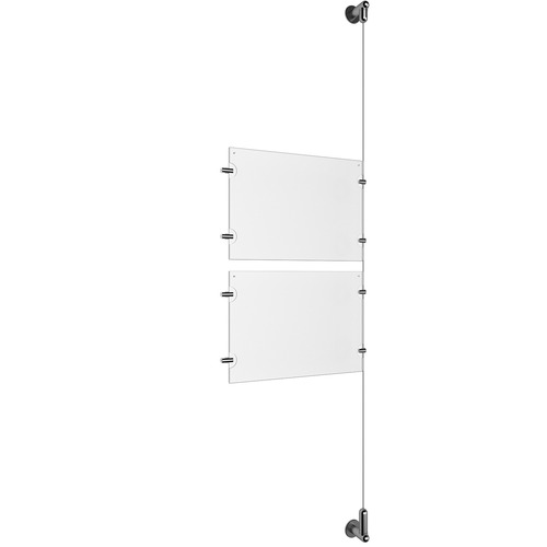 (2) 11'' Width x 8-1/2'' Height Clear Acrylic Frame & (1) Wall-to-Wall Aluminum Clear Anodized Cable Systems with (4) Single-Sided Panel Grippers (4) Double-Sided Panel Grippers
