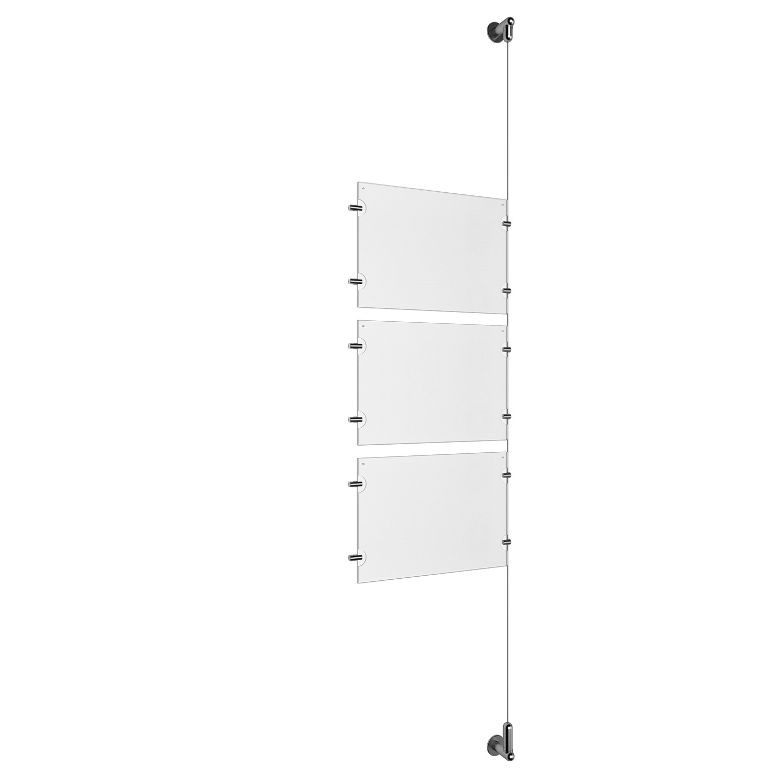 (3) 11'' Width x 8-1/2'' Height Clear Acrylic Frame & (1) Wall-to-Wall Aluminum Clear Anodized Cable Systems with (6) Single-Sided Panel Grippers (6) Double-Sided Panel Grippers