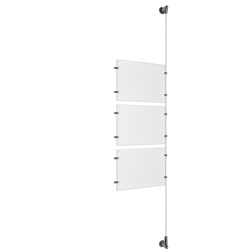 (3) 11'' Width x 8-1/2'' Height Clear Acrylic Frame & (1) Wall-to-Wall Aluminum Clear Anodized Cable Systems with (6) Single-Sided Panel Grippers (6) Double-Sided Panel Grippers