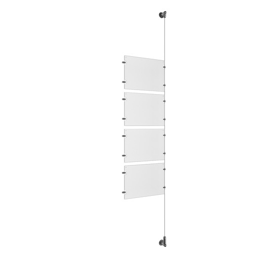 (4) 11'' Width x 8-1/2'' Height Clear Acrylic Frame & (1) Wall-to-Wall Aluminum Clear Anodized Cable Systems with (8) Single-Sided Panel Grippers (8) Double-Sided Panel Grippers
