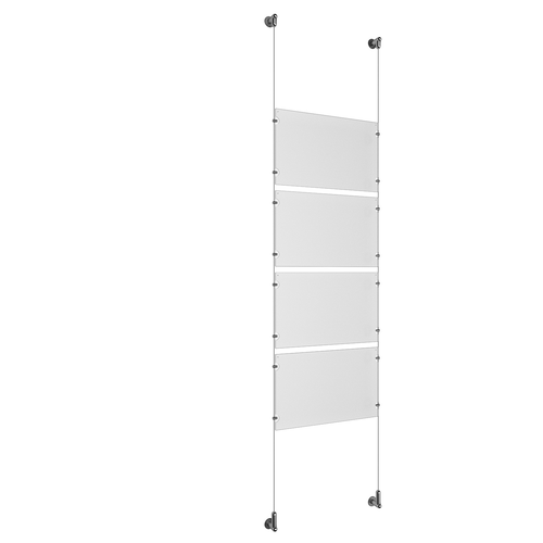 (4) 17'' Width x 11'' Height Clear Acrylic Frame & (2) Wall-to-Wall Aluminum Clear Anodized Cable Systems with (16) Single-Sided Panel Grippers