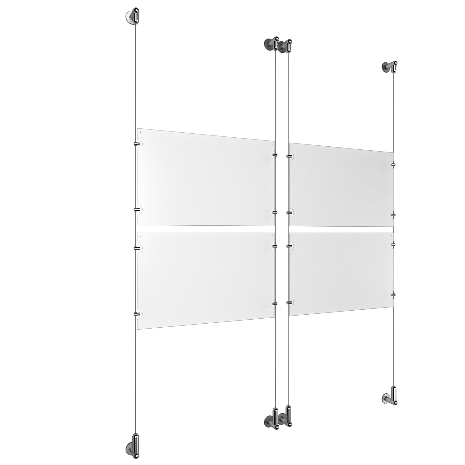 (4) 17'' Width x 11'' Height Clear Acrylic Frame & (4) Wall-to-Wall Aluminum Clear Anodized Cable Systems with (16) Single-Sided Panel Grippers