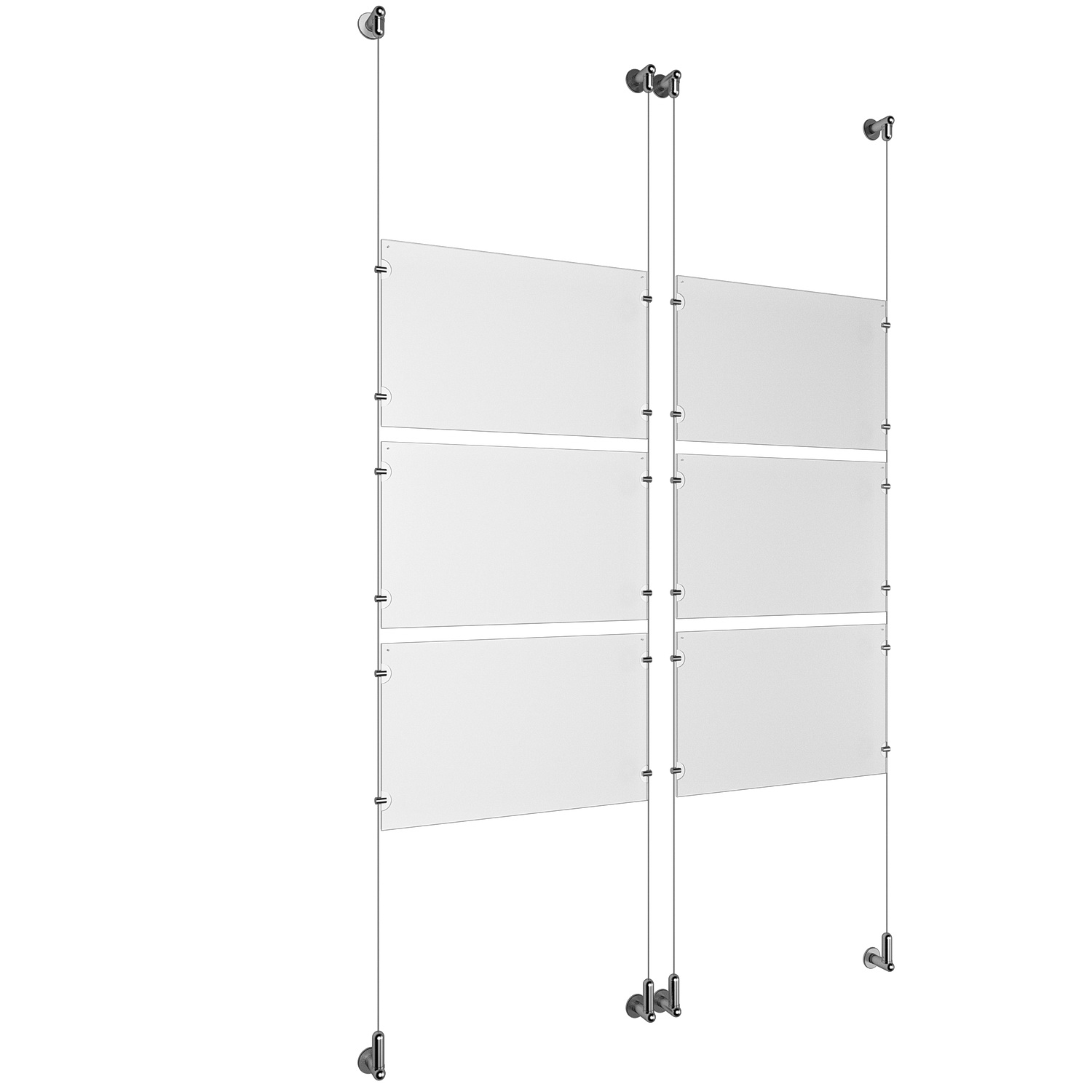 (6) 17'' Width x 11'' Height Clear Acrylic Frame & (4) Wall-to-Wall Aluminum Clear Anodized Cable Systems with (24) Single-Sided Panel Grippers