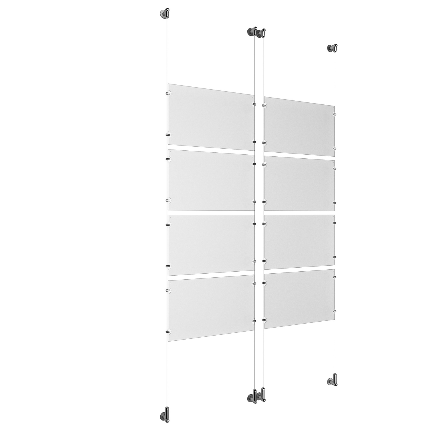(8) 17'' Width x 11'' Height Clear Acrylic Frame & (4) Wall-to-Wall Aluminum Clear Anodized Cable Systems with (32) Single-Sided Panel Grippers
