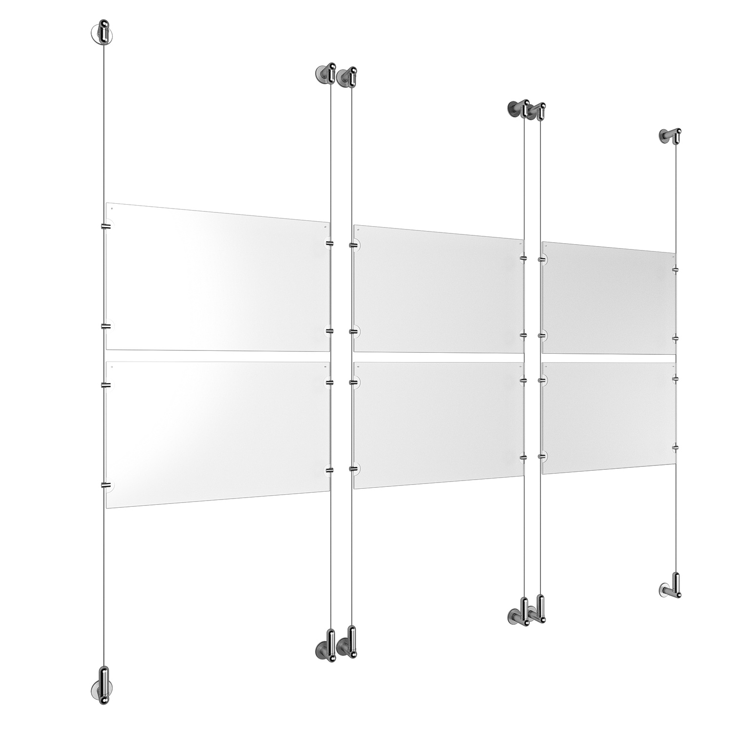 (6) 17'' Width x 11'' Height Clear Acrylic Frame & (6) Wall-to-Wall Aluminum Clear Anodized Cable Systems with (24) Single-Sided Panel Grippers
