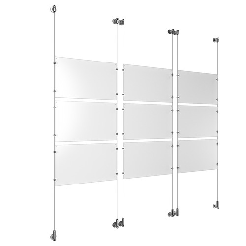 (9) 17'' Width x 11'' Height Clear Acrylic Frame & (6) Wall-to-Wall Aluminum Clear Anodized Cable Systems with (36) Single-Sided Panel Grippers
