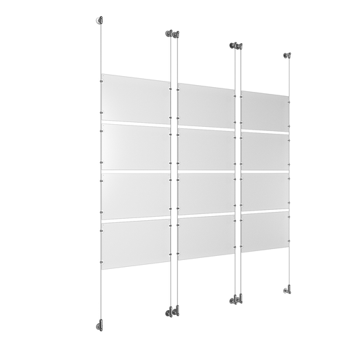(12) 17'' Width x 11'' Height Clear Acrylic Frame & (6) Wall-to-Wall Aluminum Clear Anodized Cable Systems with (48) Single-Sided Panel Grippers