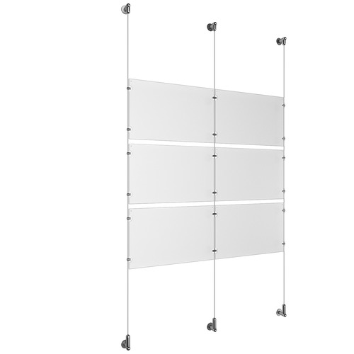 (6) 17'' Width x 11'' Height Clear Acrylic Frame & (3) Wall-to-Wall Aluminum Clear Anodized Cable Systems with (12) Single-Sided Panel Grippers (6) Double-Sided Panel Grippers