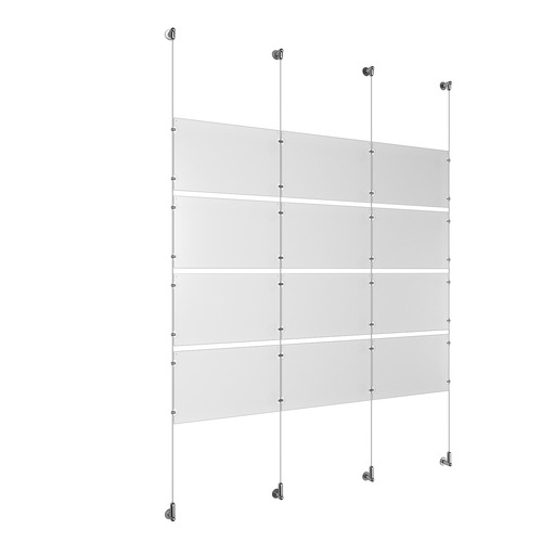 (12) 17'' Width x 11'' Height Clear Acrylic Frame & (4) Wall-to-Wall Aluminum Clear Anodized Cable Systems with (16) Single-Sided Panel Grippers (16) Double-Sided Panel Grippers