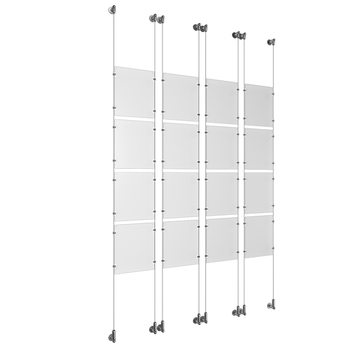 (16) 8-1/2'' Width x 11'' Height Clear Acrylic Frame & (8) Wall-to-Wall Aluminum Clear Anodized Cable Systems with (64) Single-Sided Panel Grippers