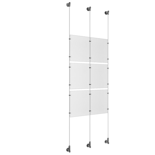 (6) 8-1/2'' Width x 11'' Height Clear Acrylic Frame & (3) Wall-to-Wall Aluminum Clear Anodized Cable Systems with (12) Single-Sided Panel Grippers (6) Double-Sided Panel Grippers