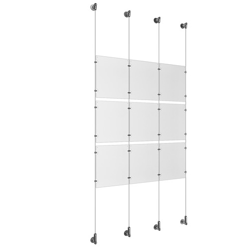 (9) 8-1/2'' Width x 11'' Height Clear Acrylic Frame & (4) Wall-to-Wall Aluminum Clear Anodized Cable Systems with (12) Single-Sided Panel Grippers (12) Double-Sided Panel Grippers
