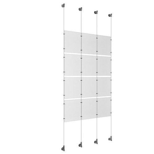 (12) 8-1/2'' Width x 11'' Height Clear Acrylic Frame & (4) Wall-to-Wall Aluminum Clear Anodized Cable Systems with (16) Single-Sided Panel Grippers (16) Double-Sided Panel Grippers