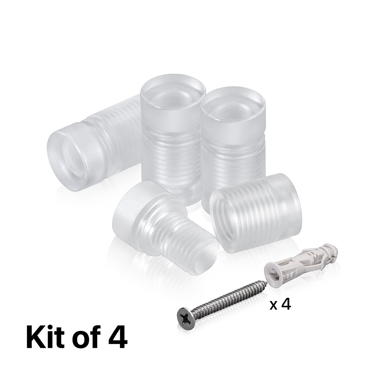 (Set of 4) 1/2'' Diameter X 1/2'' Barrel Length, Clear Acrylic Standoffs. Standoff with (4) 2208Z Screw and (4) LANC1 Anchor for concrete or drywall (For Inside Use Only) Secure [Required Material Hole Size: 3/8'']