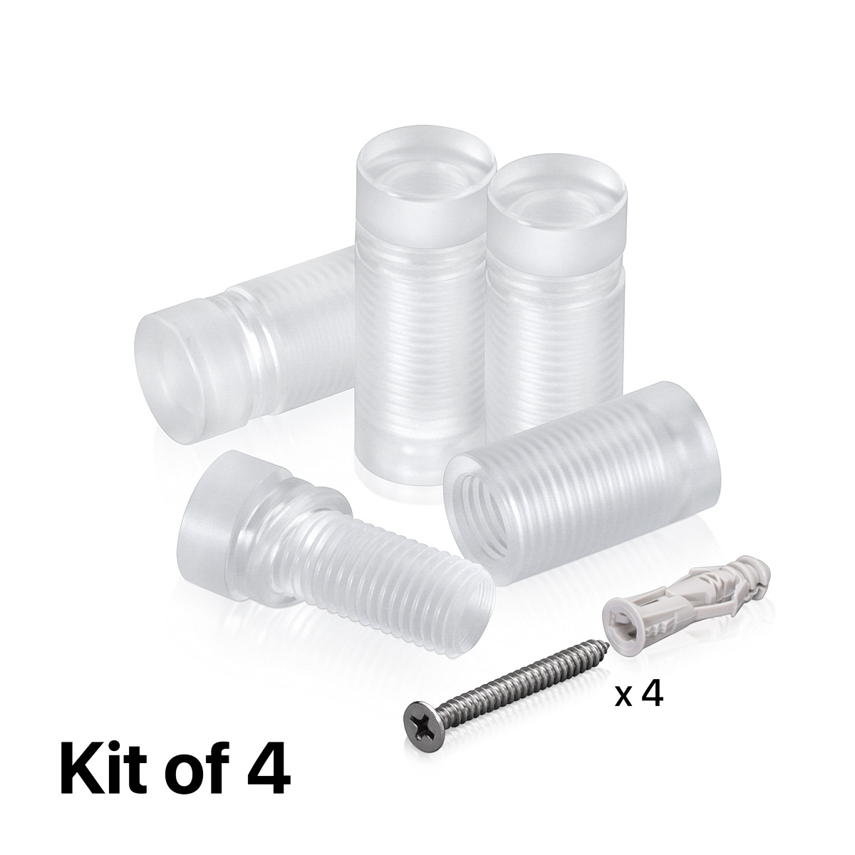 (Set of 4) 1/2'' Diameter X 3/4'' Barrel Length, Clear Acrylic Standoff. Standoff with (4) 2208Z Screw and (4) LANC1 Anchor for concrete or drywall (For Inside Use Only) Secure [Required Material Hole Size: 3/8'']