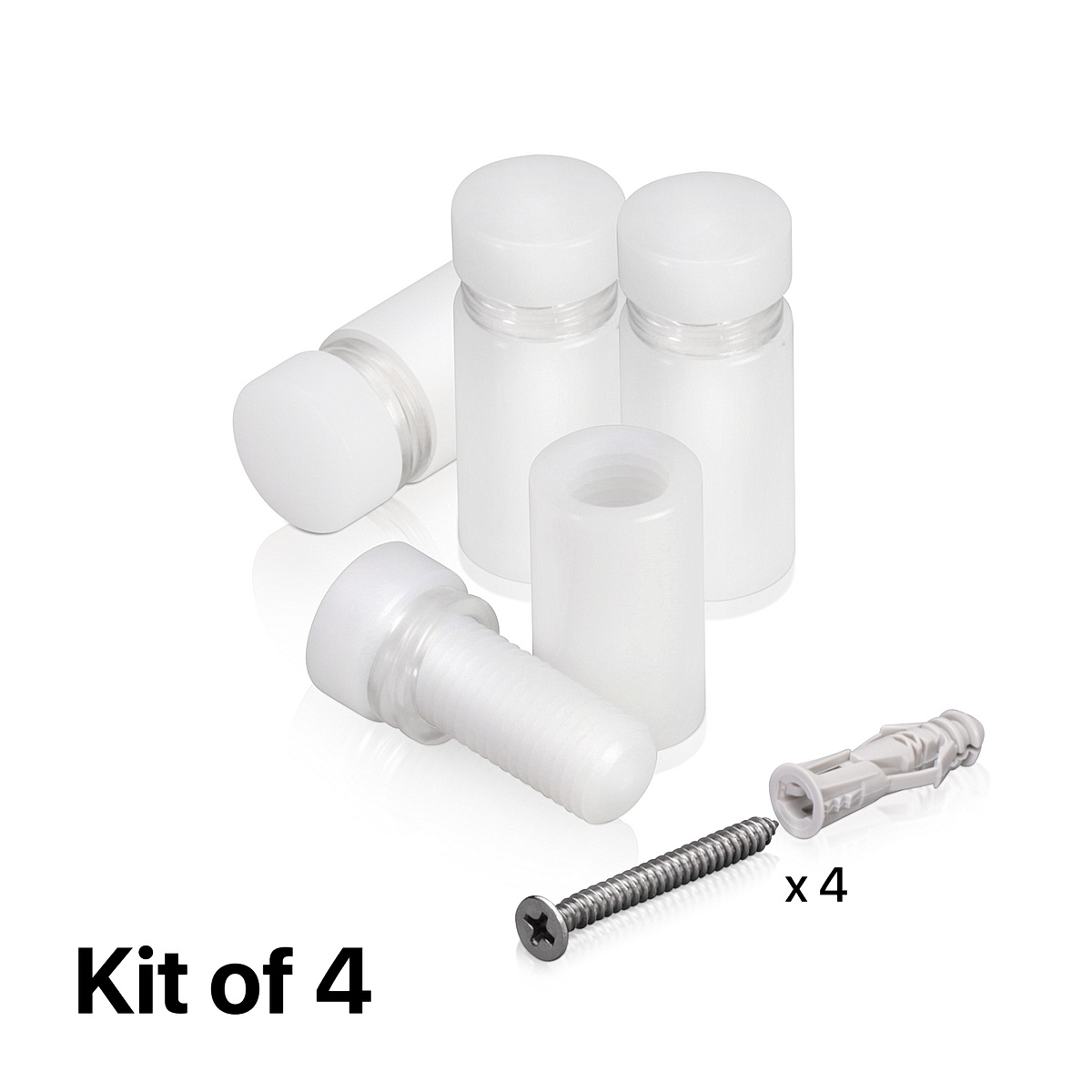 (Set of 4) 1/2'' Diameter X 3/4'' Barrel Length, White Acrylic Standoff. Standoff with (4) 2208Z Screw and (4) LANC1 Anchor for concrete or drywall (For Inside Use Only) Secure [Required Material Hole Size: 3/8'']