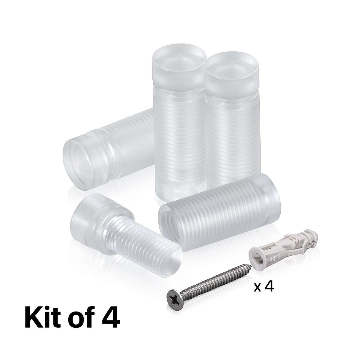 (Set of 4) 1/2'' Diameter X 1'' Barrel Length, Clear Acrylic Standoff. Standoff with (4) 2208Z Screw and (4) LANC1 Anchor for concrete or drywall (For Inside Use Only) Secure [Required Material Hole Size: 3/8'']