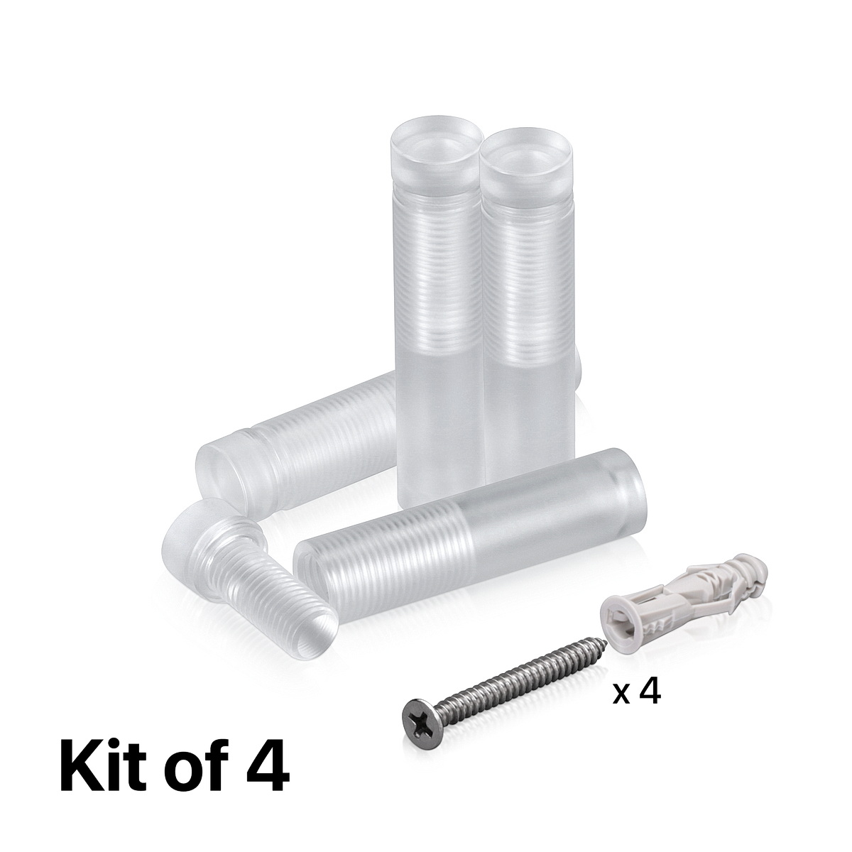 (Set of 4) 1/2'' Diameter X 1-3/4'' Barrel Length, Clear Acrylic Standoff. Standoff with (4) 2208Z Screw and (4) LANC1 Anchor for concrete or drywall (For Inside Use Only) Secure [Required Material Hole Size: 3/8'']