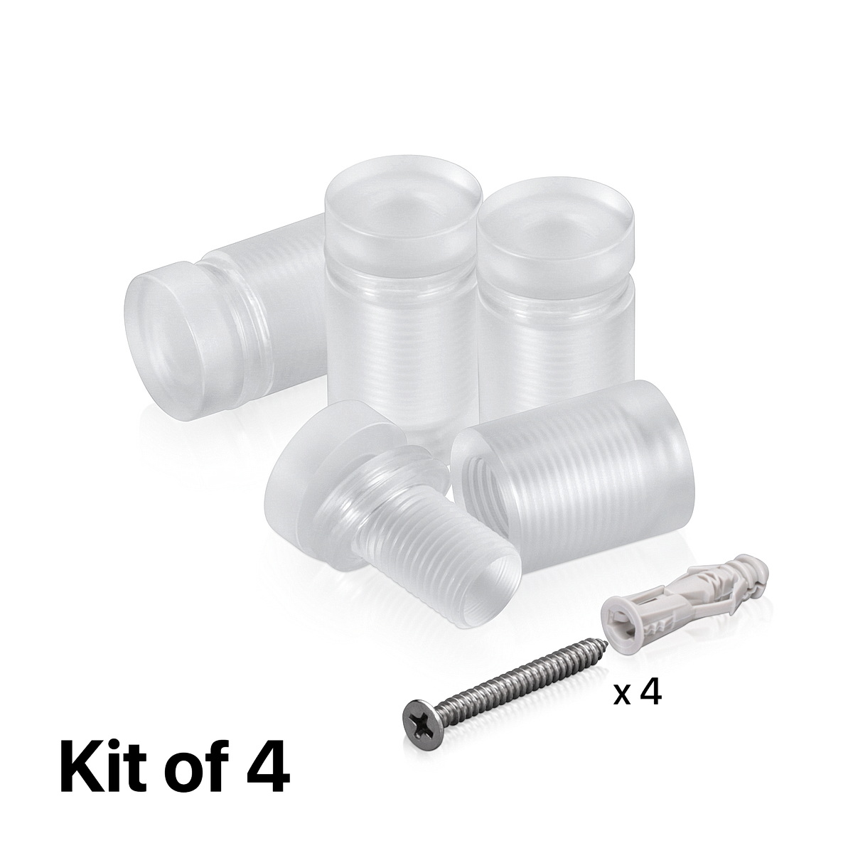 (Set of 4) 5/8'' Diameter X 3/4'' Barrel Length, Clear Acrylic Standoff. Standoff with (4) 2208Z Screw and (4) LANC1 Anchor for concrete or drywall (For Inside Use Only) Secure [Required Material Hole Size: 3/8'']