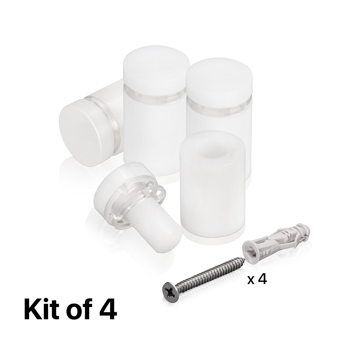 (Set of 4) 5/8'' Diameter X 1'' Barrel Length, White Acrylic Standoff. Standoff with (4) 2208Z Screw and (4) LANC1 Anchor for concrete or drywall (For Inside Use Only) Secure [Required Material Hole Size: 3/8'']