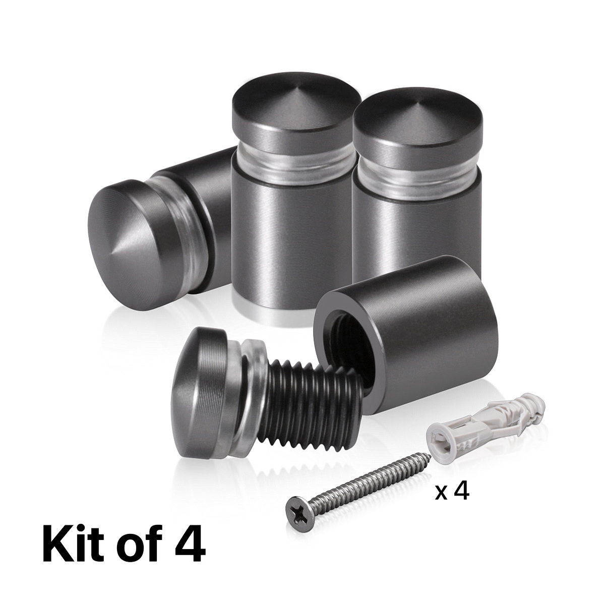 (Set of 4) 1/2'' Diameter X 1/2'' Barrel Length, Aluminum Rounded Head Standoffs, Titanium Anodized Finish Standoff with (4) 2208Z Screw and (4) LANC1 Anchor for concrete or drywall (For Inside / Outside use) [Required Material Hole Size: 3/8'']