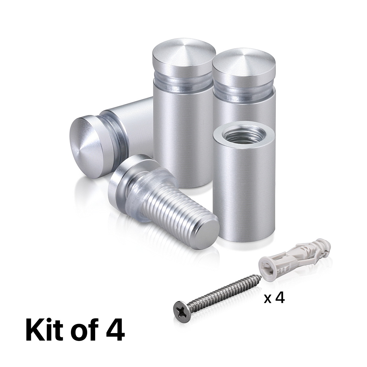 Set of 4) 1/2'' Diameter X 3/4'' Barrel Length, Aluminum Rounded Head  Standoffs, Clear Anodized Finish Standoff with (4) 2208Z Screw and (4) ANC1  Anchor for concrete or drywall (For Inside /