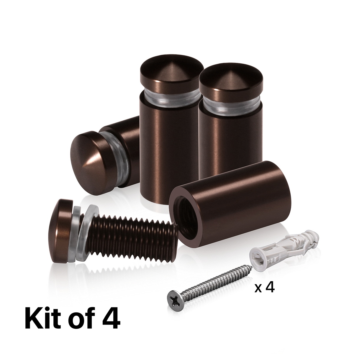 (Set of 4) 1/2'' Diameter X 3/4'' Barrel Length, Aluminum Rounded Head Standoffs, Bronze Anodized Finish Standoff with (4) 2208Z Screw and (4) LANC1 Anchor for concrete or drywall (For Inside / Outside use) [Required Material Hole Size: 3/8'']