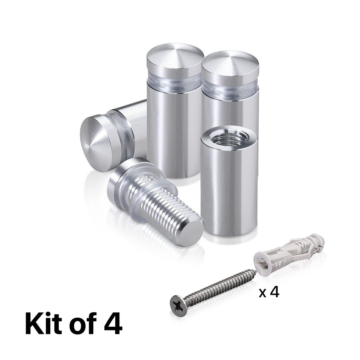 (Set of 4) 1/2'' Diameter X 3/4'' Barrel Length, Aluminum Rounded Head Standoffs, Shiny Anodized Finish Standoff with (4) 2208Z Screw and (4) LANC1 Anchor for concrete or drywall (For Inside / Outside use) [Required Material Hole Size: 3/8'']