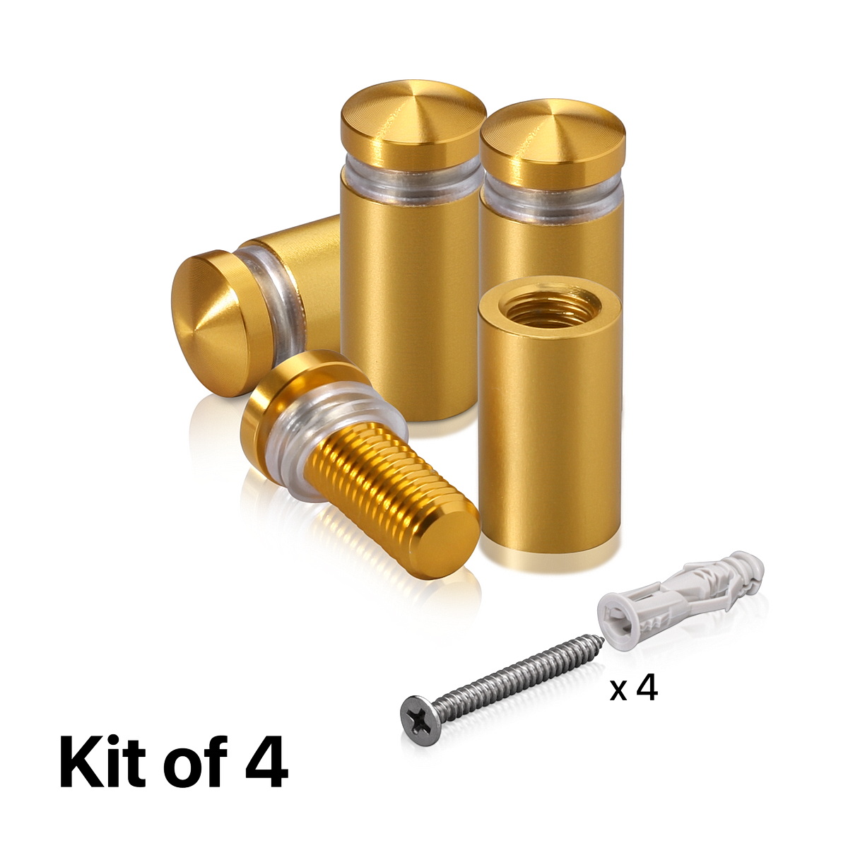 (Set of 4) 1/2'' Diameter X 3/4'' Barrel Length, Aluminum Rounded Head Standoffs, Gold Anodized Finish Standoff with (4) 2208Z Screw and (4) LANC1 Anchor for concrete or drywall (For Inside / Outside use) [Required Material Hole Size: 3/8'']