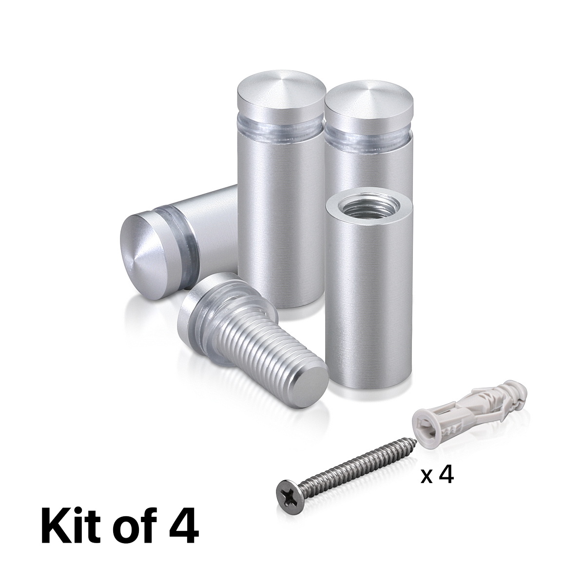 (Set of 4) 1/2'' Diameter X 1'' Barrel Length, Aluminum Rounded Head Standoffs, Clear Anodized Finish Standoff with (4) 2208Z Screw and (4) LANC1 Anchor for concrete or drywall (For Inside / Outside use) [Required Material Hole Size: 3/8'']