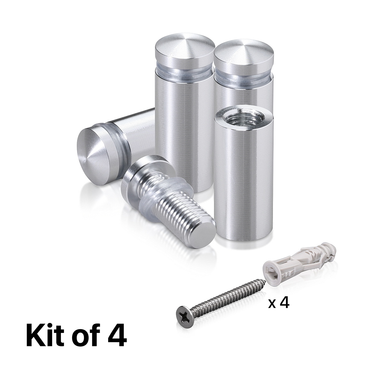 (Set of 4) 1/2'' Diameter X 1'' Barrel Length, Aluminum Rounded Head Standoffs, Shiny Anodized Finish Standoff with (4) 2208Z Screw and (4) LANC1 Anchor for concrete or drywall (For Inside / Outside use) [Required Material Hole Size: 3/8'']