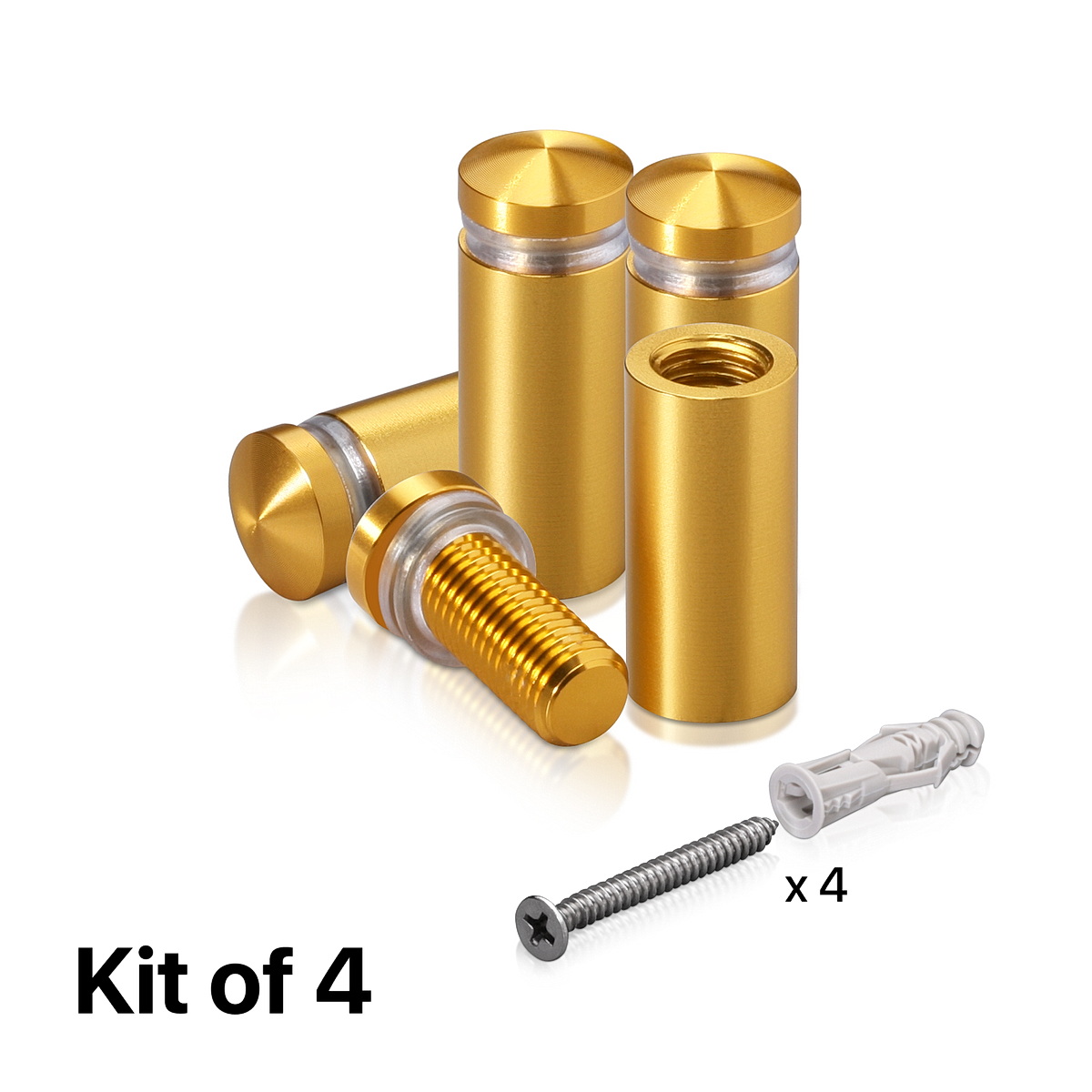 (Set of 4) 1/2'' Diameter X 1'' Barrel Length, Aluminum Rounded Head Standoffs, Gold Anodized Finish Standoff with (4) 2208Z Screw and (4) LANC1 Anchor for concrete or drywall (For Inside / Outside use) [Required Material Hole Size: 3/8'']