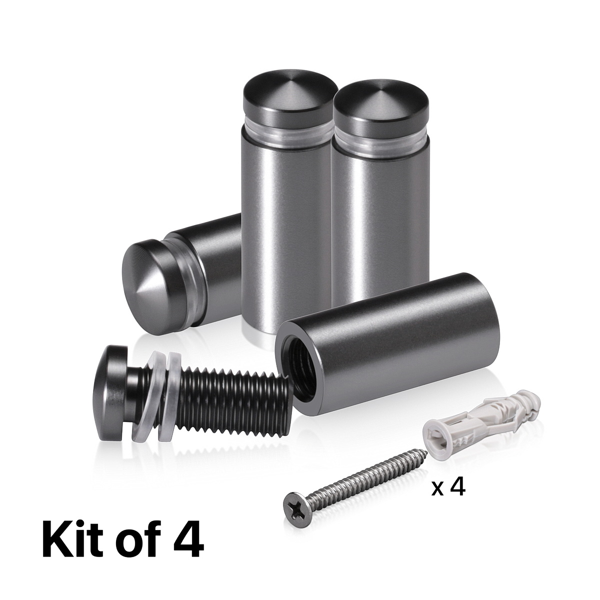 (Set of 4) 1/2'' Diameter X 1'' Barrel Length, Aluminum Rounded Head Standoffs, Titanium Anodized Finish Standoff with (4) 2208Z Screw and (4) LANC1 Anchor for concrete or drywall (For Inside / Outside use) [Required Material Hole Size: 3/8'']
