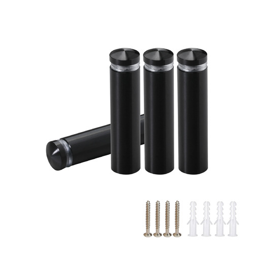 (Set of 4) 1/2'' Diameter X 1-3/4'' Barrel Length, Aluminum Rounded Head Standoffs, Black Anodized Finish Standoff with (4) 2208Z Screw and (4) LANC1 Anchor for concrete or drywall (For Inside / Outside use) [Required Material Hole Size: 3/8'']