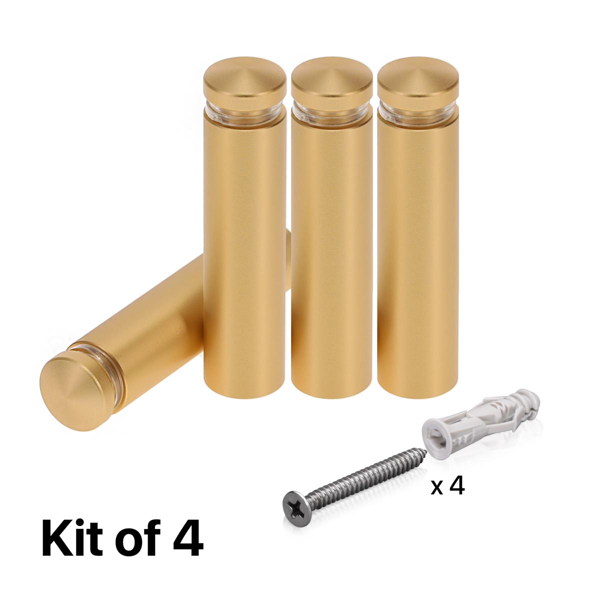 (Set of 4) 1/2'' Diameter X 1-3/4'' Barrel Length, Alumi. Rounded Head Standoffs, Matte Champagne Anodized Finish Standoff with (4) 2208Z Screw and (4) LANC1 Anchor for concrete or drywall (For In / Out use) [Required Material Hole Size: 3/8'']