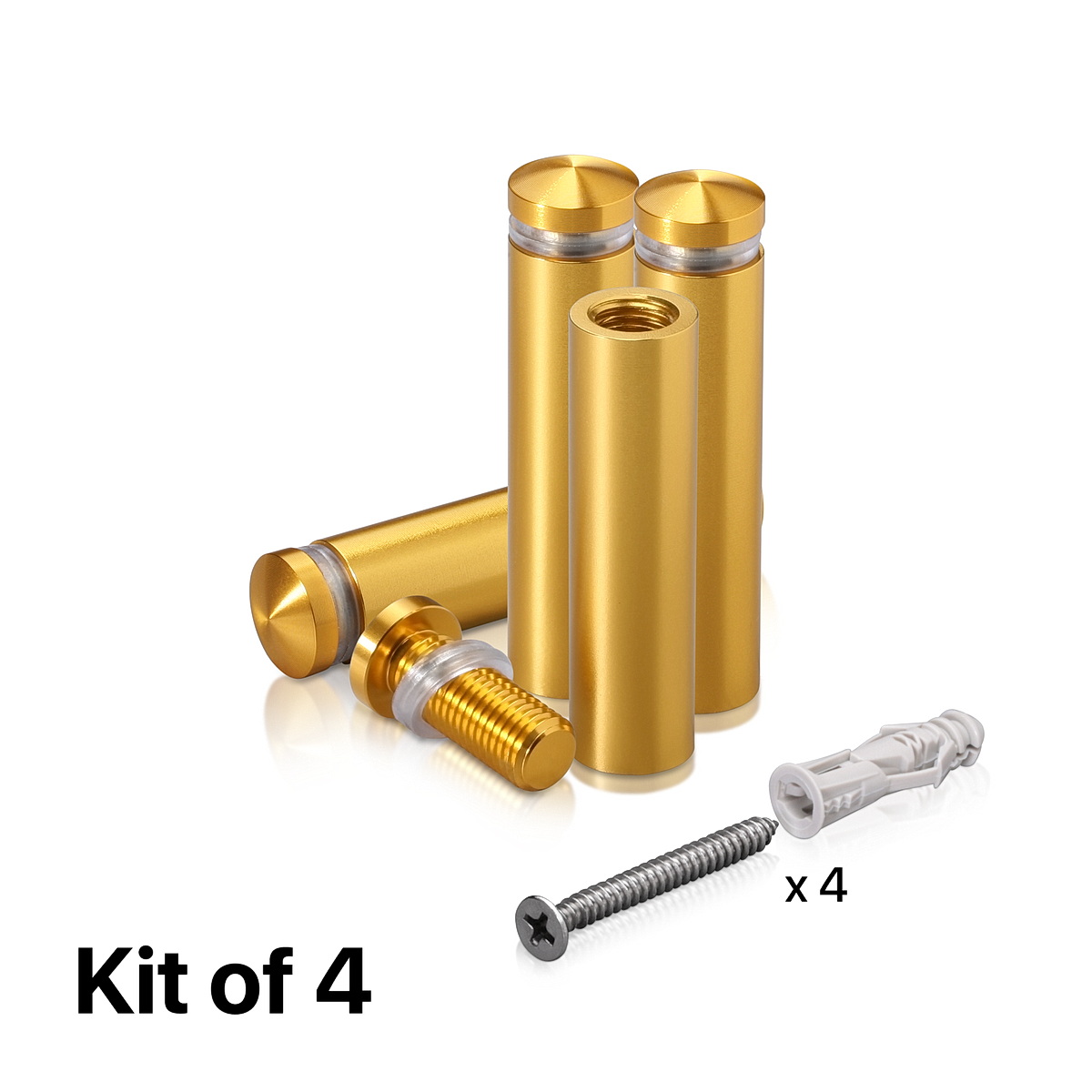 (Set of 4) 1/2'' Diameter X 1-3/4'' Barrel Length, Aluminum Rounded Head Standoffs, Gold Anodized Finish Standoff with (4) 2208Z Screw and (4) LANC1 Anchor for concrete or drywall (For Inside / Outside use) [Required Material Hole Size: 3/8'']