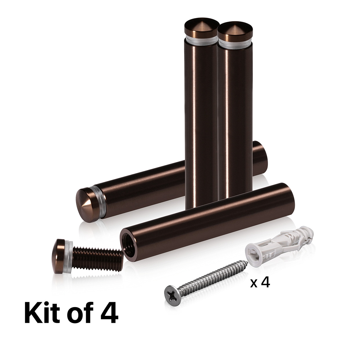 (Set of 4) 1/2'' Diameter X 2-1/2'' Barrel Length, Aluminum Rounded Head Standoffs, Bronze Anodized Finish Standoff with (4) 2208Z Screw and (4) LANC1 Anchor for concrete or drywall (For Inside / Outside use) [Required Material Hole Size: 3/8'']