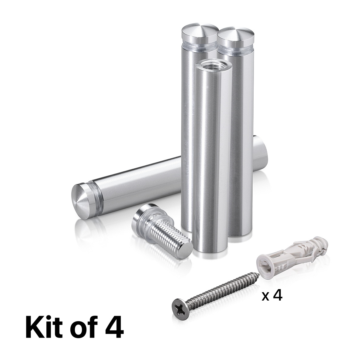 (Set of 4) 1/2'' Diameter X 2-1/2'' Barrel Length, Aluminum Rounded Head Standoffs, Shiny Anodized Finish Standoff with (4) 2208Z Screw and (4) LANC1 Anchor for concrete or drywall (For Inside / Outside use) [Required Material Hole Size: 3/8'']