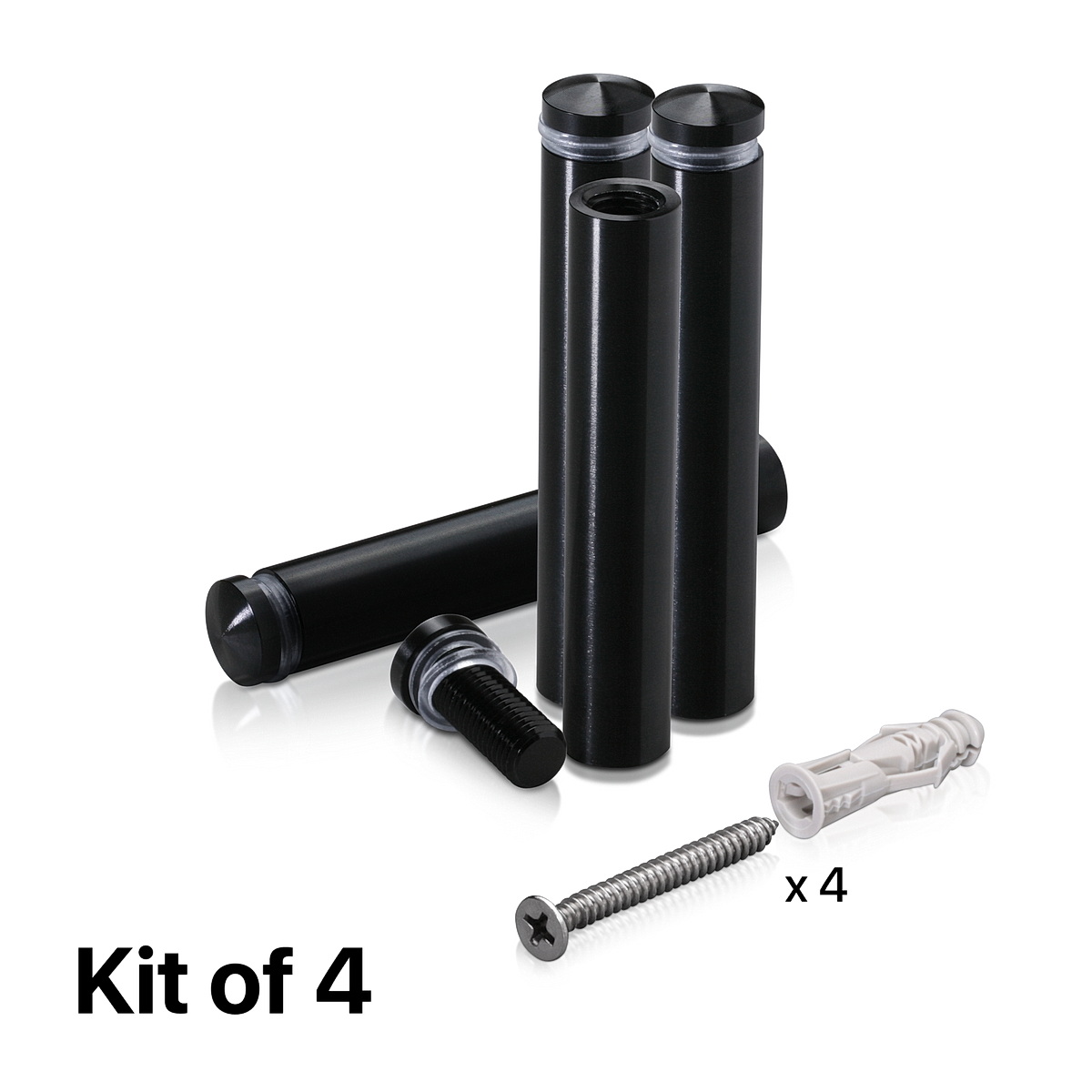 (Set of 4) 1/2'' Diameter X 2-1/2'' Barrel Length, Aluminum Rounded Head Standoffs, Black Anodized Finish Standoff with (4) 2208Z Screw and (4) LANC1 Anchor for concrete or drywall (For Inside / Outside use) [Required Material Hole Size: 3/8'']