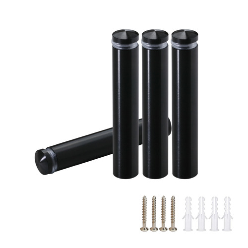 (Set of 4) 1/2'' Diameter X 2-1/2'' Barrel Length, Aluminum Rounded Head Standoffs, Black Anodized Finish Standoff with (4) 2208Z Screw and (4) LANC1 Anchor for concrete or drywall (For Inside / Outside use) [Required Material Hole Size: 3/8'']