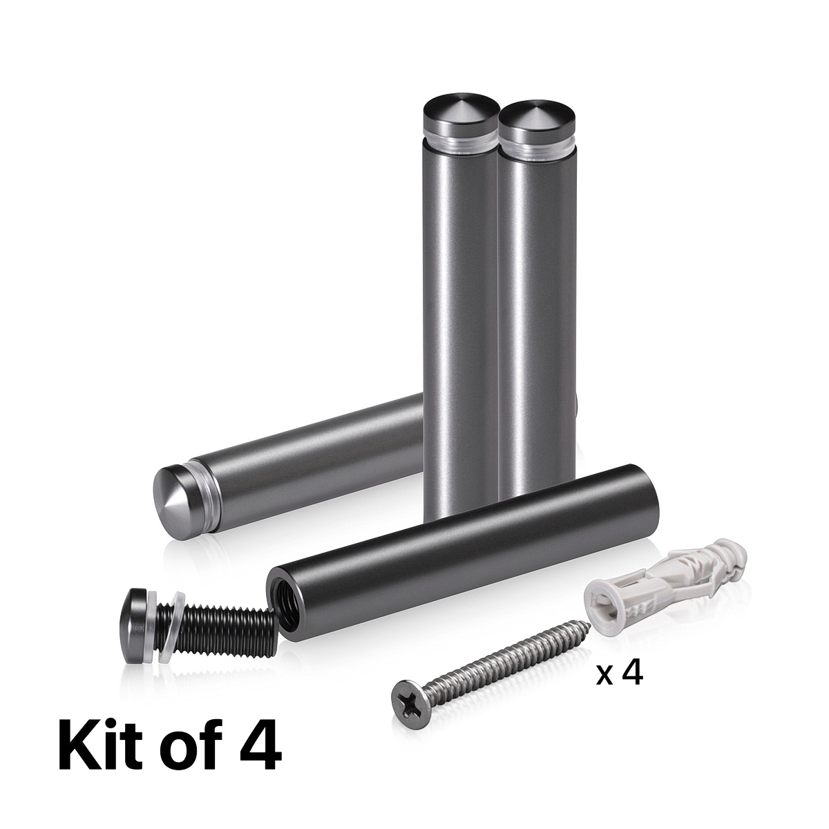 (Set of 4) 1/2'' Diameter X 2-1/2'' Barrel Length, Aluminum Rounded Head Standoffs, Titanium Anodized Finish Standoff with (4) 2208Z Screw and (4) LANC1 Anchor for concrete or drywall (For Inside / Outside use) [Required Material Hole Size: 3/8'']