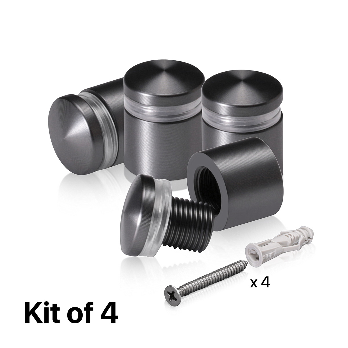 (Set of 4) 5/8'' Diameter X 1/2'' Barrel Length, Aluminum Rounded Head Standoffs, Titanium Anodized Finish Standoff with (4) 2208Z Screw and (4) LANC1 Anchor for concrete or drywall (For Inside / Outside use) [Required Material Hole Size: 7/16'']