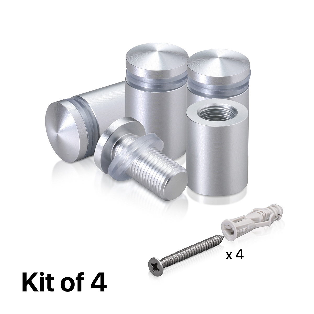 (Set of 4) 5/8'' Diameter X 3/4'' Barrel Length, Aluminum Rounded Head Standoffs, Clear Anodized Finish Standoff with (4) 2208Z Screw and (4) LANC1 Anchor for concrete or drywall (For Inside / Outside use) [Required Material Hole Size: 7/16'']