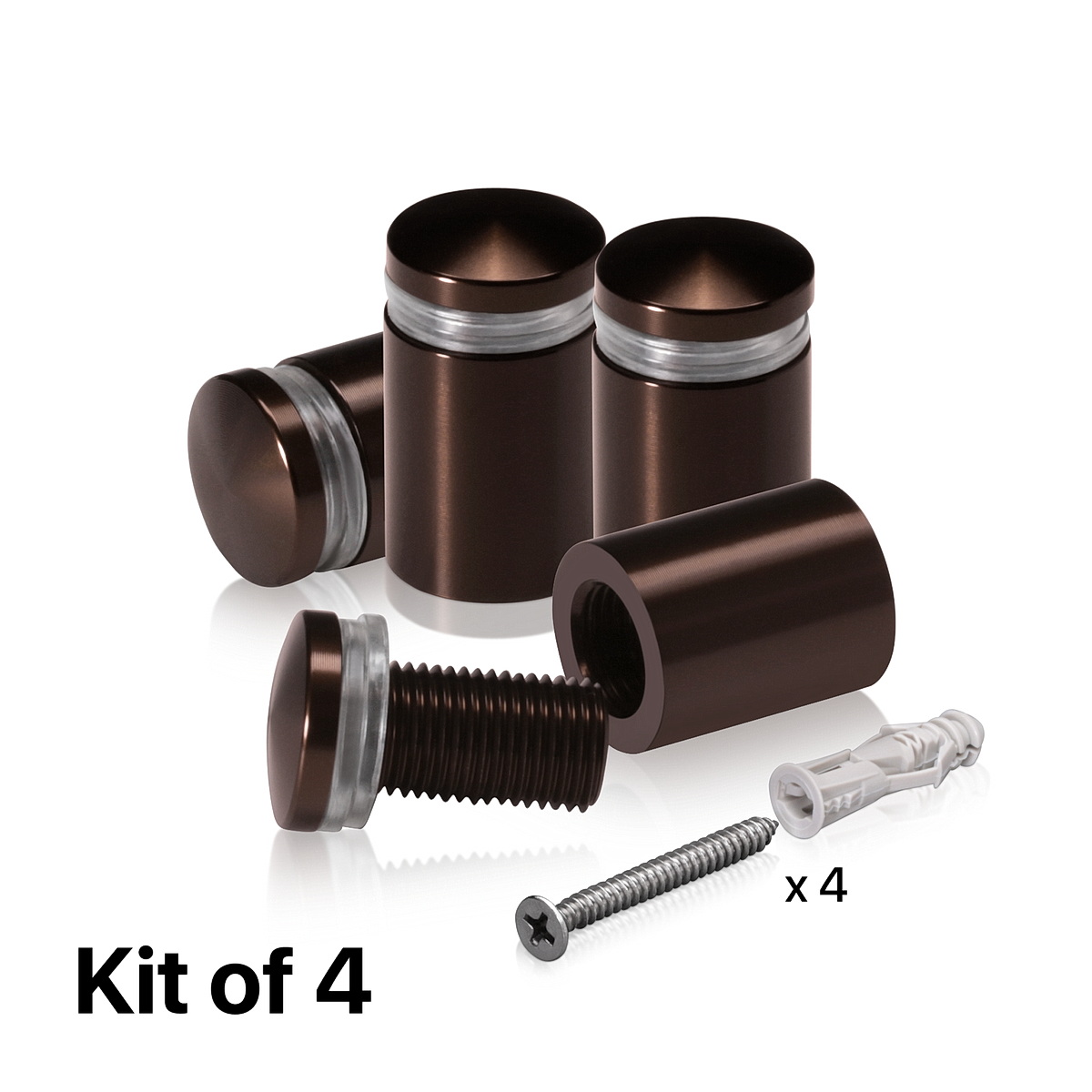 (Set of 4) 5/8'' Diameter X 3/4'' Barrel Length, Aluminum Rounded Head Standoffs, Bronze Anodized Finish Standoff with (4) 2208Z Screw and (4) LANC1 Anchor for concrete or drywall (For Inside / Outside use) [Required Material Hole Size: 7/16'']