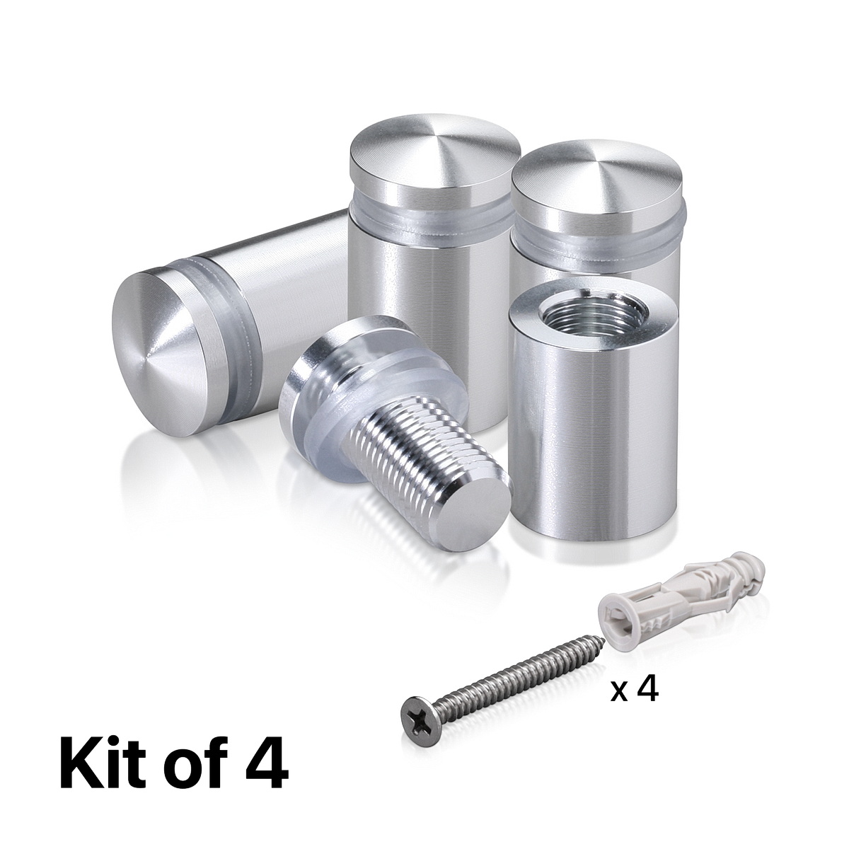 (Set of 4) 5/8'' Diameter X 3/4'' Barrel Length, Aluminum Rounded Head Standoffs, Shiny Anodized Finish Standoff with (4) 2208Z Screw and (4) LANC1 Anchor for concrete or drywall (For Inside / Outside use) [Required Material Hole Size: 7/16'']